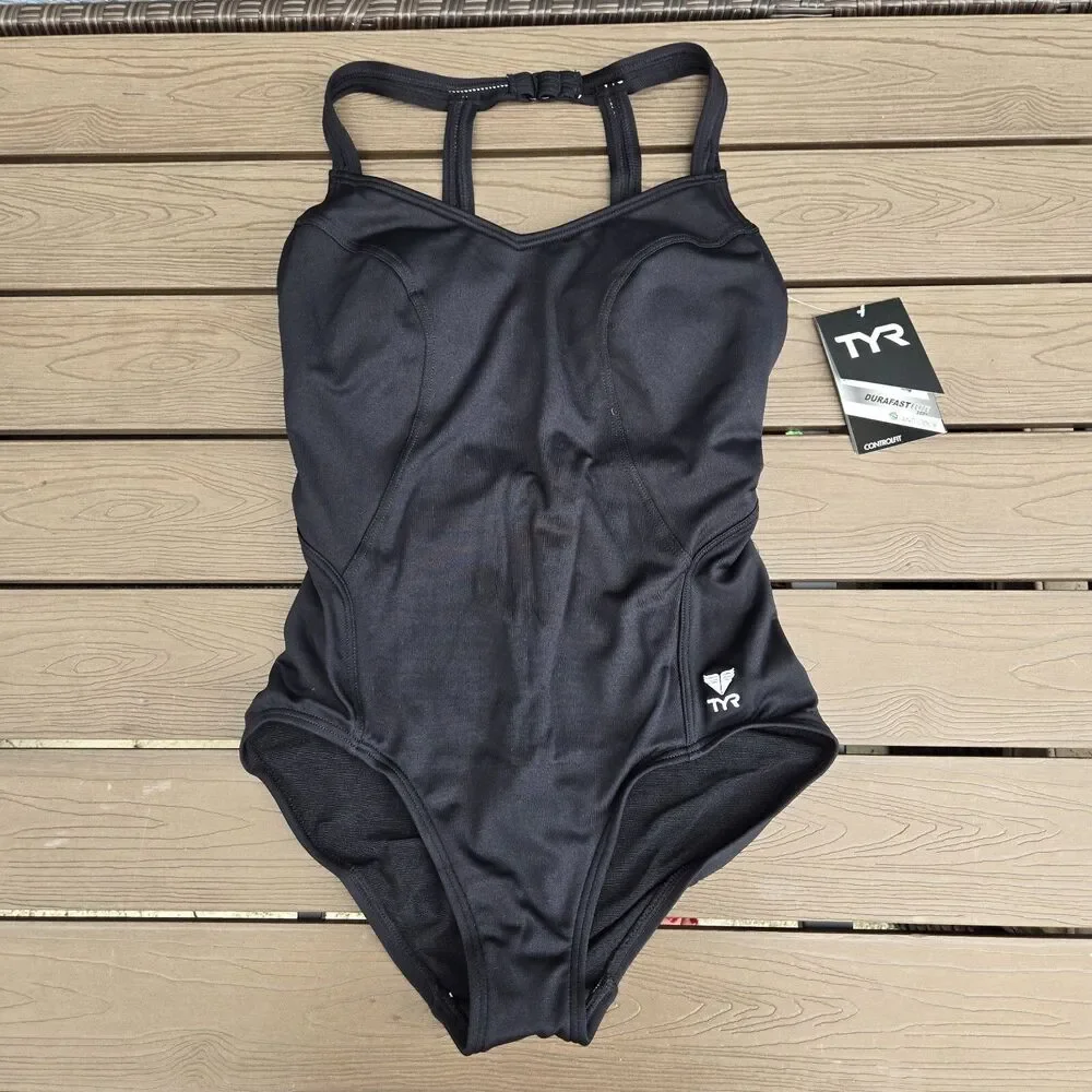 TYR Women's Durafast Solid Black Halter Control Fit One Piece Swimsuit Sz 20 New